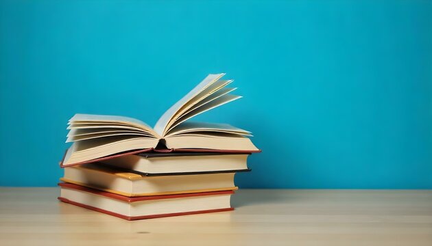 Una pila de libros sobre una mesa de madera sobre un fondo azul, el libro superior est&aacute; abierto, revelando sus p&aacute;ginas, los libros son de varios colores