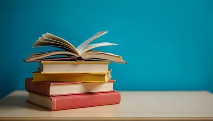 Fototapeta premium Una pila de libros sobre una mesa de madera sobre un fondo azul, el libro superior está abierto, revelando sus páginas, los libros son de varios colores