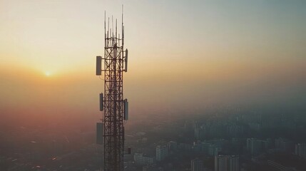 Communication tower top view Radio and microwave antenna tower against a light sky background illustrating wireless technology and communication development
