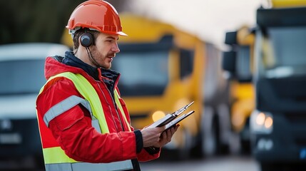 Supervisor coordinating material departure logistics yard action shot urban setting close-up efficiency concept