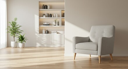 Fototapeta premium A spacious Scandinavian inspired living room with a light gray fabric armchair with wooden legs positioned against a neutral colored wall