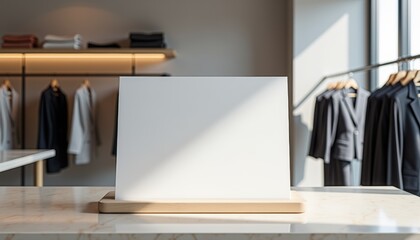  Blank white sheet on sleek stand at promotional table in clothing store