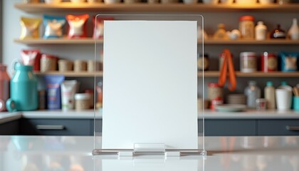 Blank white sheet on acrylic stand at pet store checkout counter