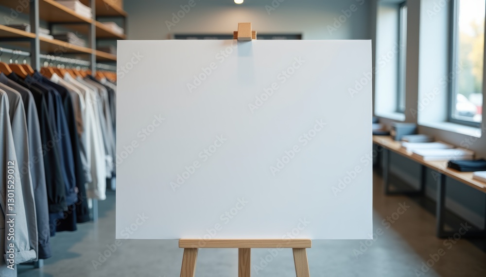 Poster photorealistic mockup of a blank white sheet without text on a stand placed near a dry cleaning pick