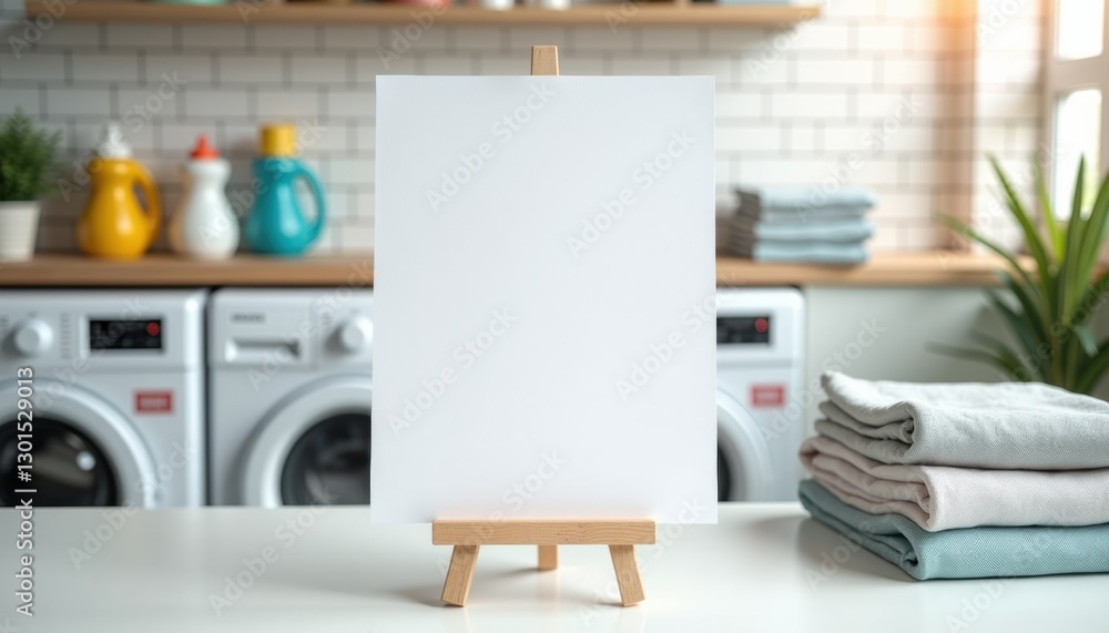 Poster Photorealistic mockup of a blank white sheet without text on a stand placed on a table in a laundry room with a bright and clean environment, slightly blurred background with washing machines, deterge