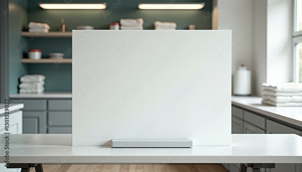 Aufkleber Photorealistic mockup of a blank white sheet without text on a plastic stand, placed on a laundry folding table in a modern interior with bright fluorescent lighting, slightly blurred background with 