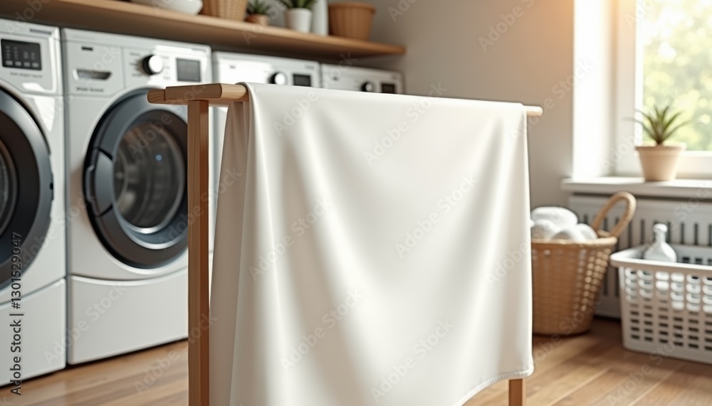 Poster Photorealistic mockup of a blank white sheet without text on a stand at a self-service laundry folding station with a warm and inviting atmosphere, slightly blurred background with laundry baskets, fa