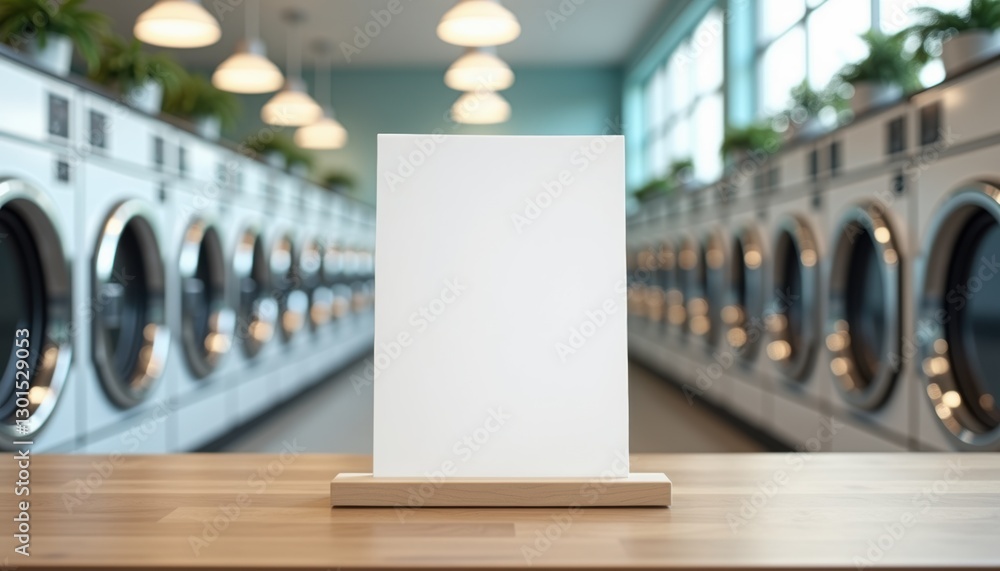 Aufkleber Photorealistic mockup of a blank white sheet without text on a wooden stand at a laundromat table in a clean and organized setting with soft natural lighting, slightly blurred background with rows of 