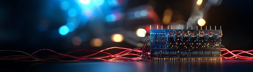 Close-up of a microcontroller circuit board with colorful LED lights, representing innovation and electronics.