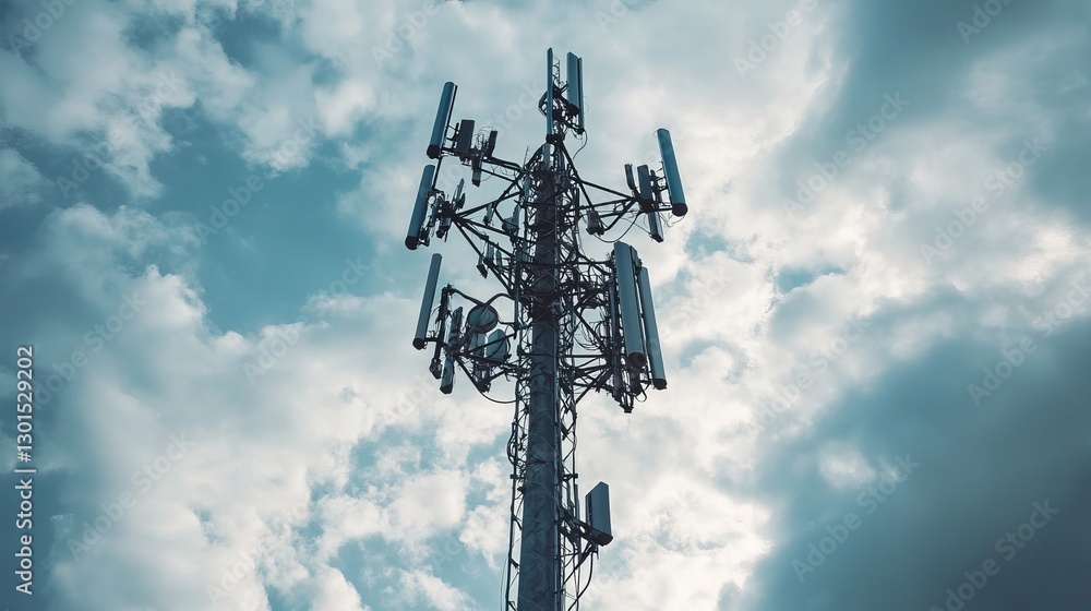 Poster closeup of an antenna mast with various antennas for mobile communication global network and data tr