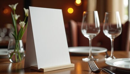 Photorealistic mockup of a blank white sheet without text on a stand placed on a wooden table in a restaurant with warm ambient lighting and a slightly blurred background featuring elegant table setti
