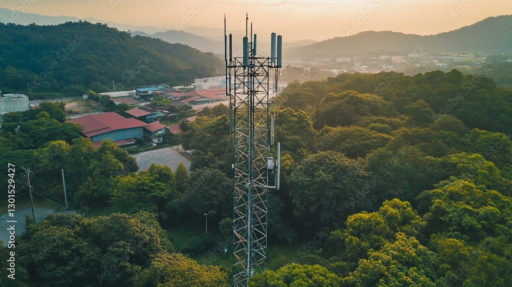 Poster mobile tower installation with a cell site and telecom base station 5g internet generation health ha