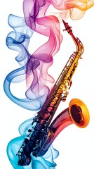 Fototapeta premium A vibrant illustration of a saxophone surrounded by colorful smoke, embodying the essence of music and creativity.