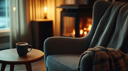Cozy Winter Evening Fireplace Scene Warm Home Relaxation Comfortable Armchair Mug Coffee Hot Drink Hygge Atmosphere Wintertime Relaxing Peaceful      