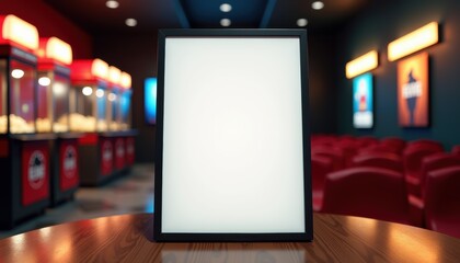 Photorealistic mockup of a blank white sheet without text on a stand placed on a table in a cinema lobby with dim ambient lighting and a slightly blurred background featuring movie posters, popcorn ma