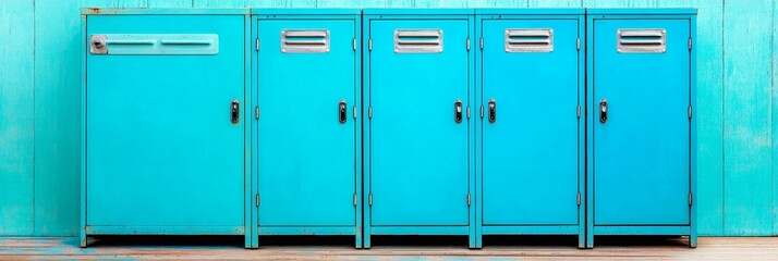 Fototapeta premium Turquoise Lockers Against Teal Wall - Row of five turquoise metal lockers against a teal wood background. Perfect for security, storage, or school themes