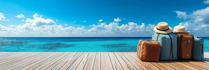 Obraz premium Tropical Vacation Getaway - Suitcases and hats sit on a wooden dock overlooking a beautiful turquoise ocean under a bright sunny sky. Perfect for travel and vacation themes
