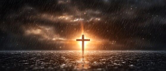 Naklejka premium A powerful sunset scene with a cross silhouette, symbolizing hope and faith amidst a dramatic sky.