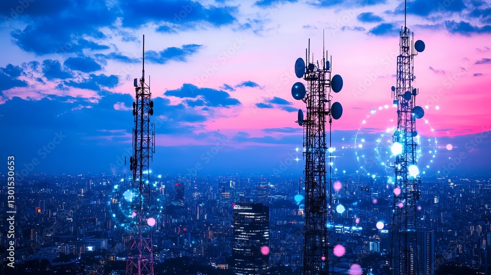 Poster pixelated cellular technology in a smart city smart city illustration with signal towers enabling sm