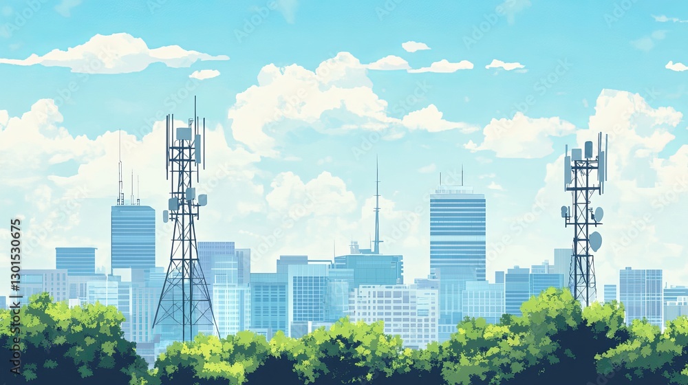 Poster pixelated cellular technology in a smart city smart city illustration with signal towers enabling sm