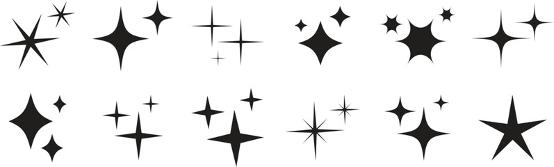 Obraz premium Sparkle star icon set. Retro futuristic sparkle vectors isolated on transparent background. Shining sparkle icon, Blink twinkle star shapes collection. Abstract cool shine effect sign vector design.
