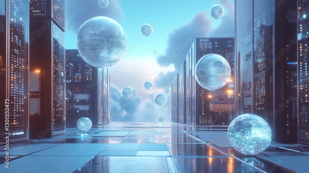 Aufkleber in a server room, futuristic machines store vast amounts of data. digital spheres float above the fl