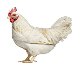 Fototapeta premium A white chicken stands in a farmyard, displaying its fluffy feathers and vibrant comb, cut out