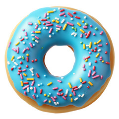 Vibrant blue donut with glossy icing, isolated on a transparent or white background.
