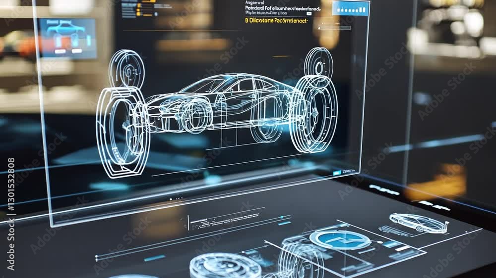 Poster futuristic car design interface visualizing vehicle engineering and technology innovation