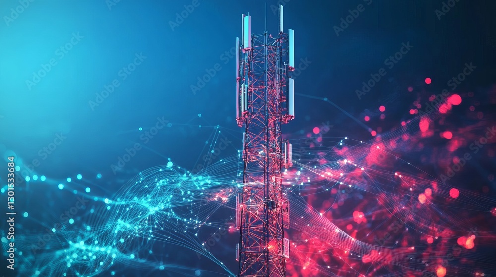 Poster telecommunication tower with 4g and 5g transmitters cellular base station with antennas on a technol