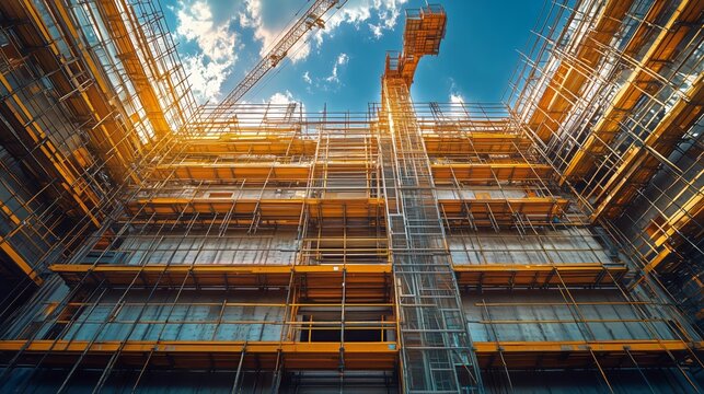 Construction Site Under a Dramatic Sky With Scaffolding and Cranes at Sunset