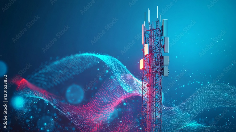 Poster telecommunication tower with 4g and 5g transmitters cellular base station with antennas on a technol