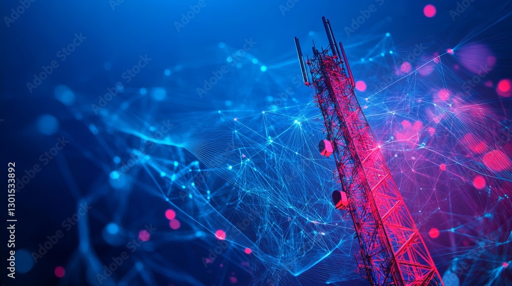 Poster telecommunication tower with 4g and 5g transmitters cellular base station with antennas on a technol