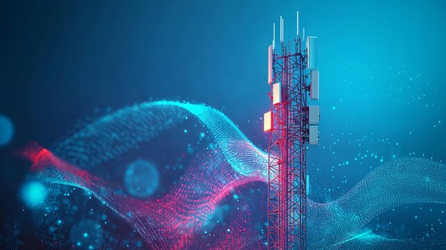 Telecommunication tower with 4G and 5G transmitters Cellular base station with antennas on a technological background with abstract waves
