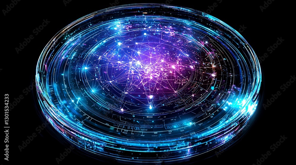 Poster A glowing digital sphere with connected nodes in a dark background