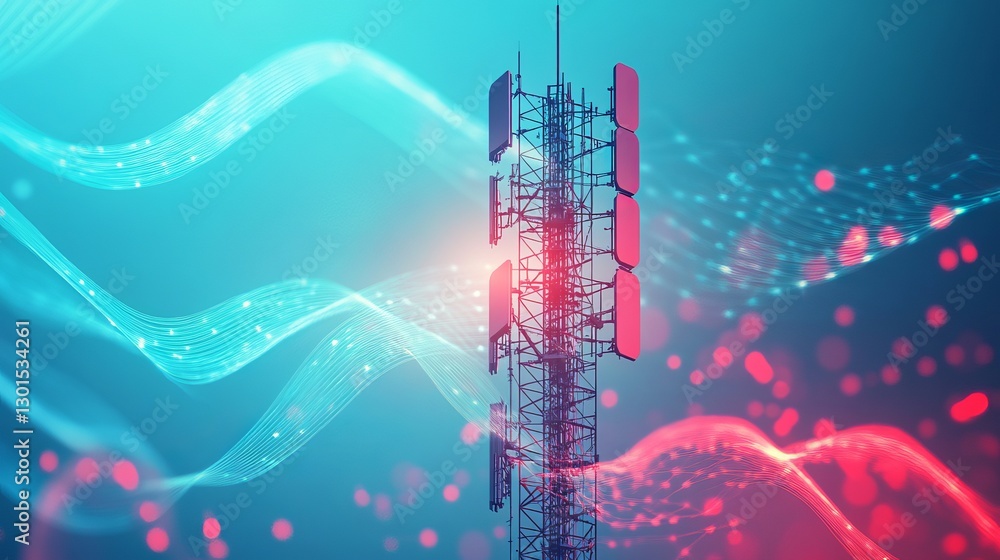 Poster telecommunication tower with 4g and 5g transmitters cellular base station with antennas on a technol
