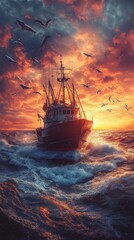 Obraz premium A fishing trawler is dragging its net through the water, ensnaring various fish. Seagulls circle above as the sun sets, painting the sky with vibrant colors