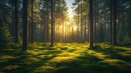 Obraz premium A Captivating Forest Scene with Majestic Trees and a Vibrant Meadow Filled with Rich Nature and Peaceful Atmosphere