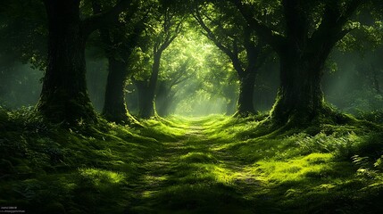 Obraz premium An Enchanting Trail in a Verdant Forest, With Soft Moss and Majestic Trees Guiding the Way