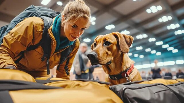 Woman traveler looking at her rhodesian ridgeback dog behind luggage