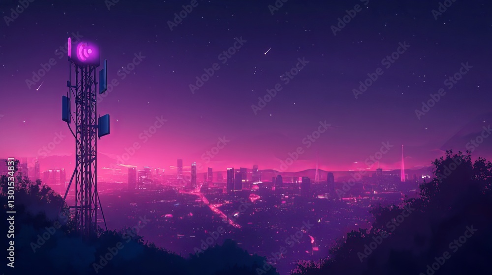 Poster telecommunication tower with a 5g cellular network antenna against a city background illustrating gl