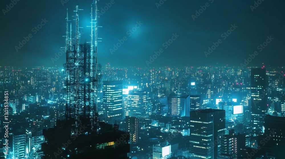 Poster telecommunication tower with a 5g cellular network antenna against a city background illustrating gl