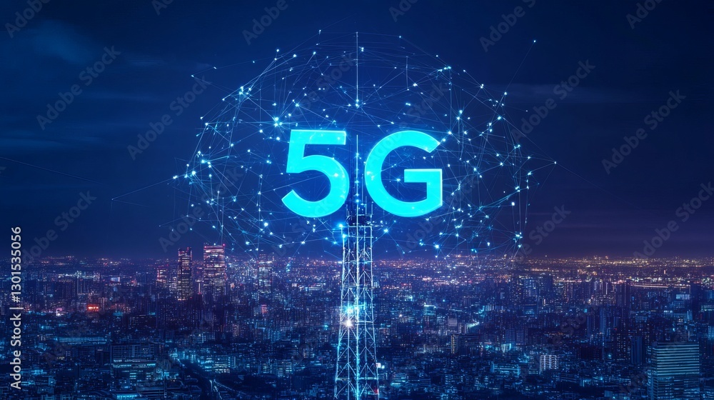 Poster telecommunication tower with a 5g cellular network antenna against a city background illustrating gl