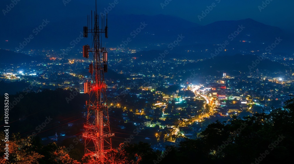 Poster telecommunication tower with a 5g cellular network antenna against a city background illustrating gl