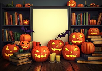 Festive Halloween Scene with Pumpkins, Candles, and Decorative Elements