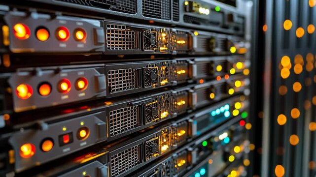 Data center server array showcasing illuminated system components and running processes