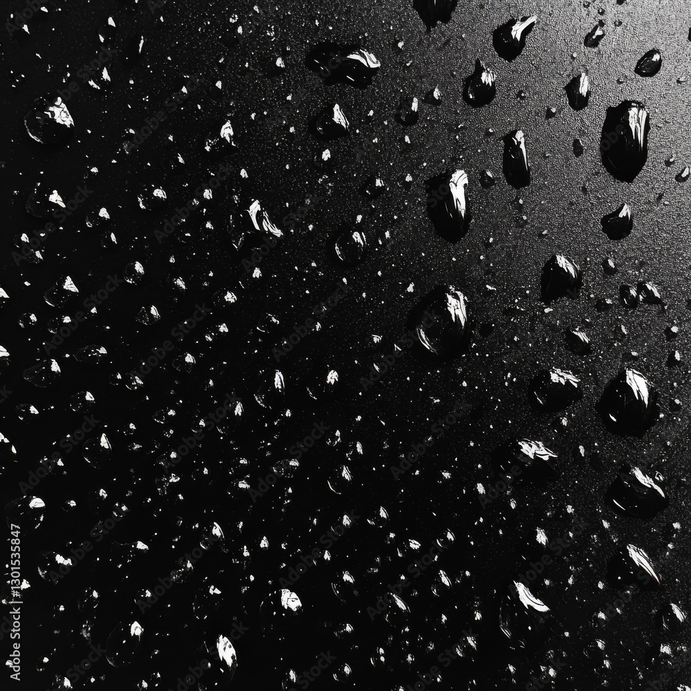 Poster elegant monochrome: raindrops on textured surface creating abstract reflections and deep contrasts