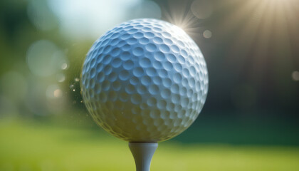High-speed shot of golf ball mid-air, leaving tee, sharp focus on dimples