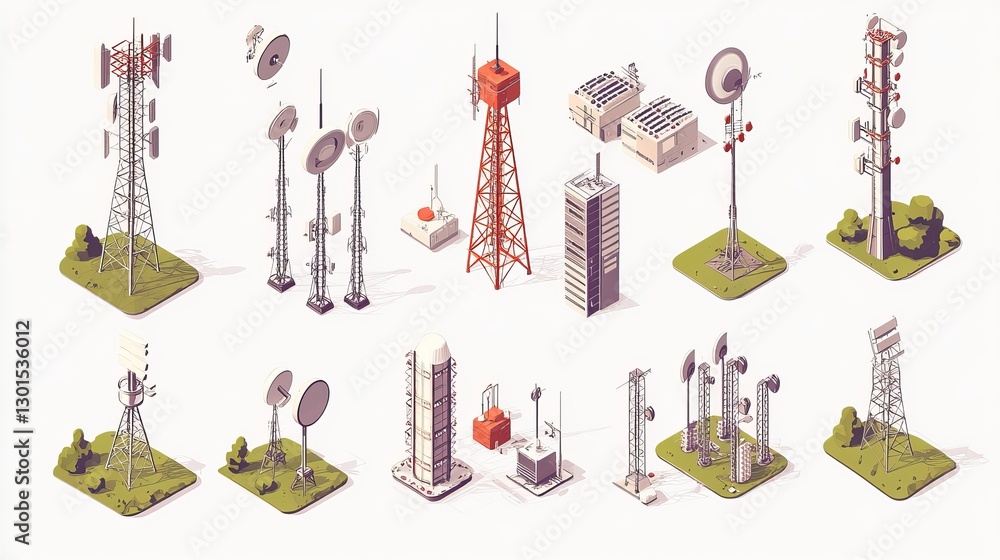 Poster 3d isometric flat vector set of telecom towers and communicating radio constructions