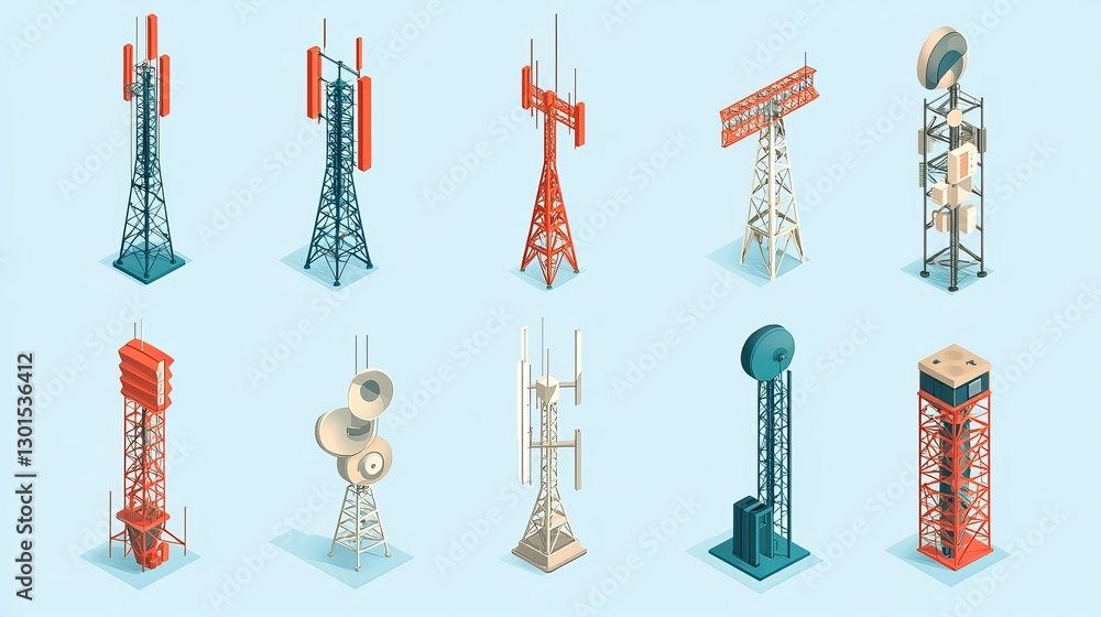 Poster 3d isometric flat vector set of telecom towers and communicating radio constructions